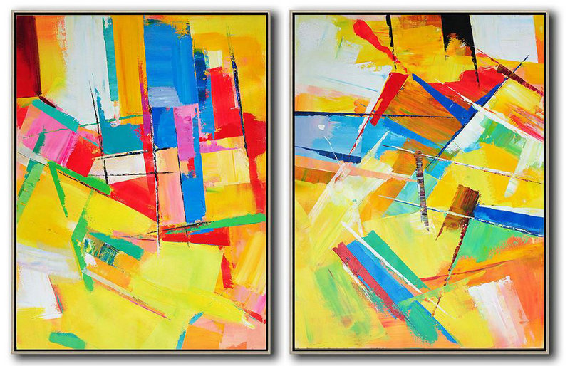 Handmade Large Painting,Set Of 2 Contemporary Art On Canvas,Hand Painted Acrylic Painting,Red,Yellow,Pink,Orange,Light Green.Etc
